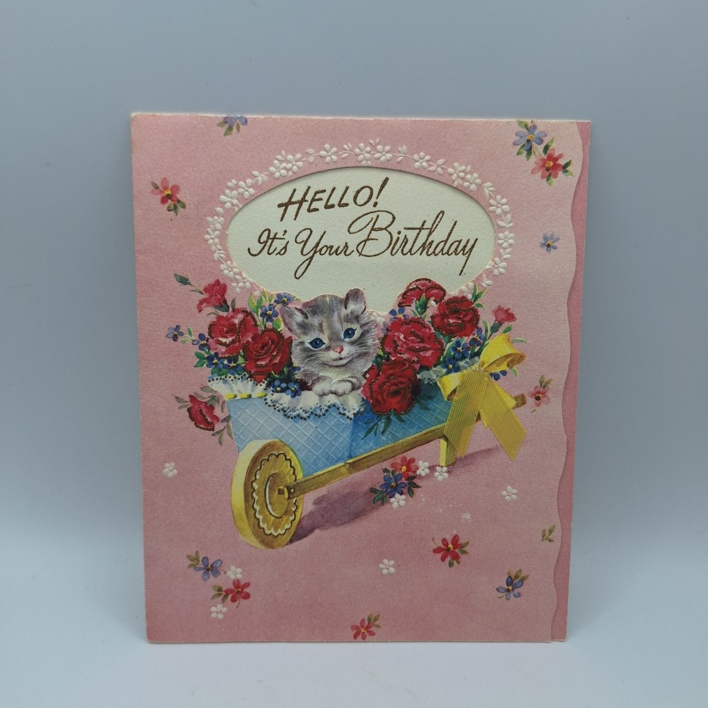 Vintage Forget Me Not Card Hello Its Your Birthday Kitten Roses Card